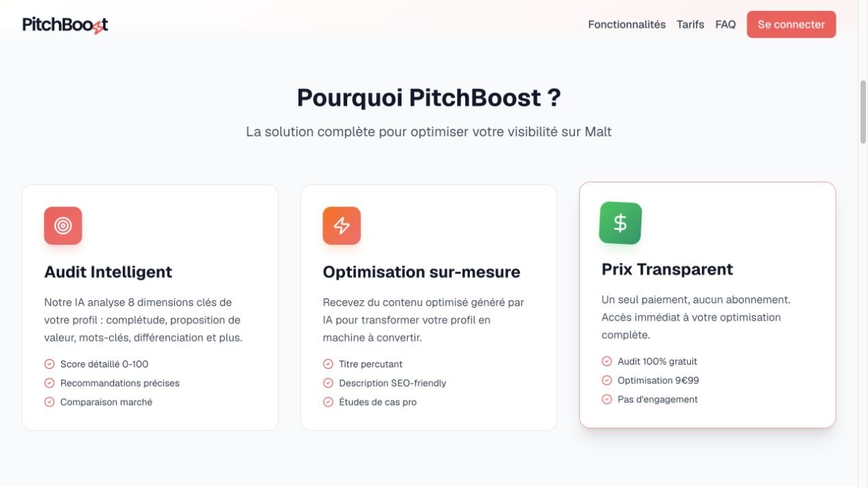 Aperçu du site Pitchboost — Détail